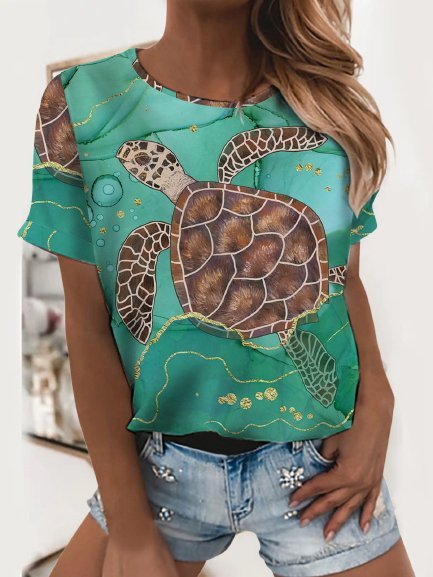 Sea Turtle Short Sleeves Crew Neck Plus Size Casual T-Shirt, Green, T-Shirts