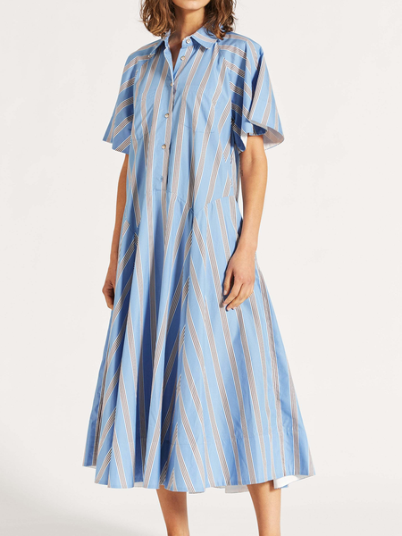 Shirt Collar Striped Simple Short Sleeve Woven Dress, Blue, Midi Dresses