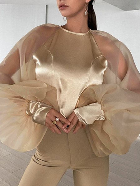 Regular Fit Elegant Long Sleeve Crew Neck Top, Champagne, Blouses and Shirts