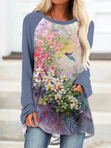 Bird And Floral Crew Neck Loosen Long Sleeve T-Shirt, Blue, Long sleeve tops
Bird And Floral Crew Neck Loosen Long Sleeve T-Shirt, Blue, Long sleeve tops
