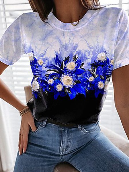 Romantic Ombre Floral Casual Loosen Crew Neck Short Sleeve T-Shirt, Flower, T-Shirts