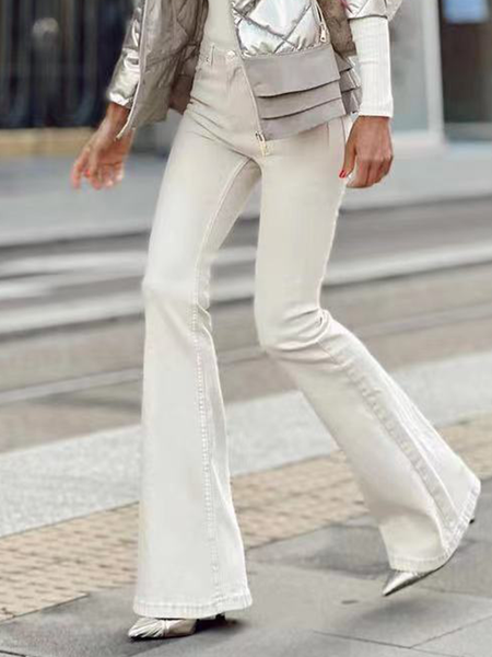 

Elastic waist pocket zip fastener tight plain color patterned elastic flared trousers Plus Size, White, Pants