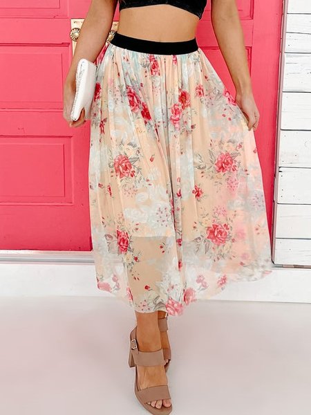 Temperament Dating Commuter Floral Print Long Skirt, Apricot, Skirts