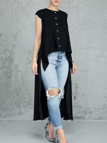 Summer Crew Neck Plain Short Sleeve Daily Lightweight Tops, Black, Tops