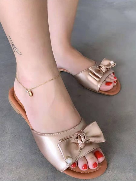Pearl Bow Cute Holiday Slippers, Champagne, Women Shoes>>Women's Shoes>>Women sandals Slippers