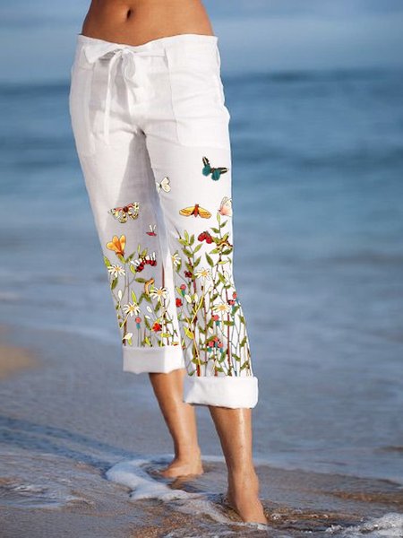 Floral Casual Loosen Pants, White, Pants