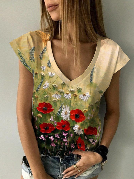 Floral Cotton Blends Regular Fit V Neck Casual Short Sleeve T-Shirt, Yellow, T-Shirts
Floral Cotton Blends Regular Fit V Neck Casual Short Sleeve T-Shirt, Yellow, T-Shirts