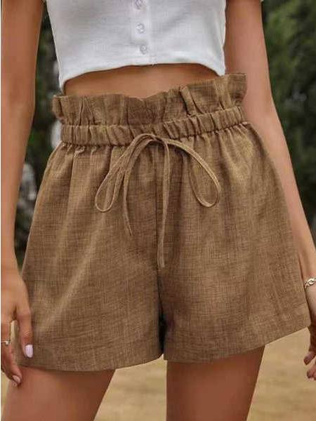 Plain Casual Cotton Blends Women Shorts, Khaki, Shorts