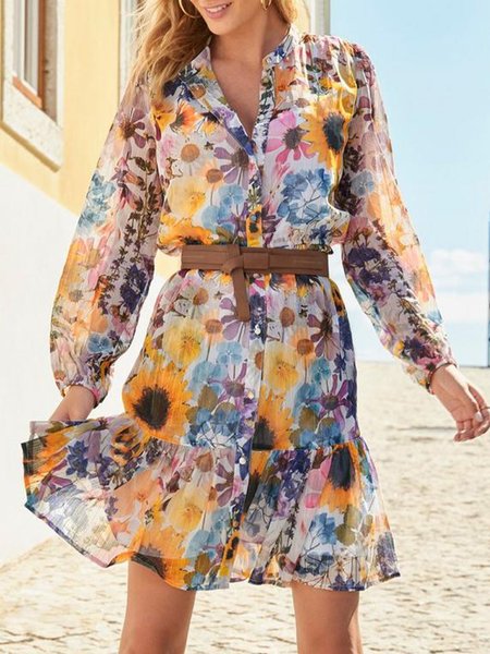 Stand Collar Vacation Long Sleeve Floral Dress, Multicolor, Mini Dresses
