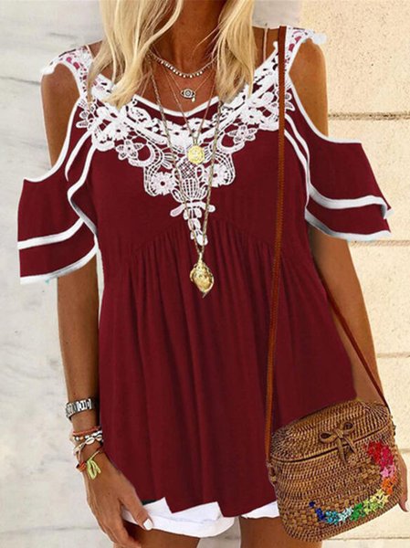 V Neck Regular Fit Short Sleeve Tops, Red, Tops