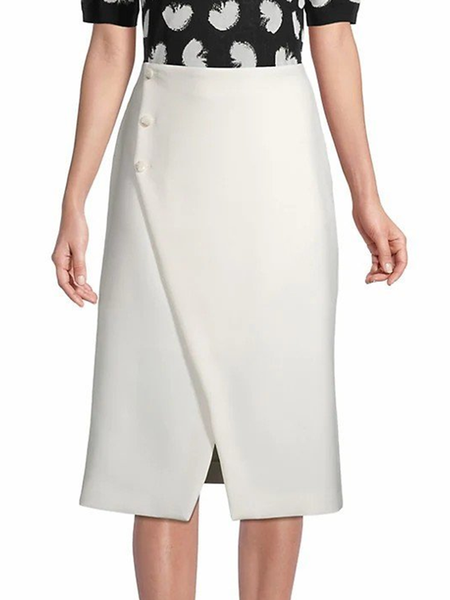 Elegant Solid Regular Fit Work Skirt, White, Midi Skirts