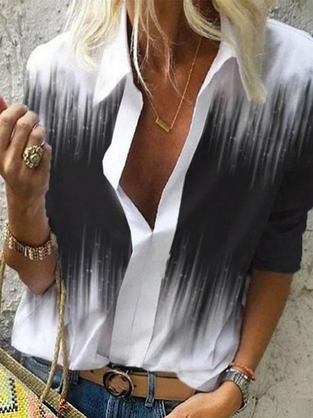 Ombre Shirt Collar Loosen Long Sleeve Blouse, Black-white, Shirts & Blouses