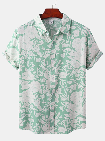 Cotton Linen Botanical Floral Print Lapel Cozy Linen Shirt, As picture, Men's Floral shirt