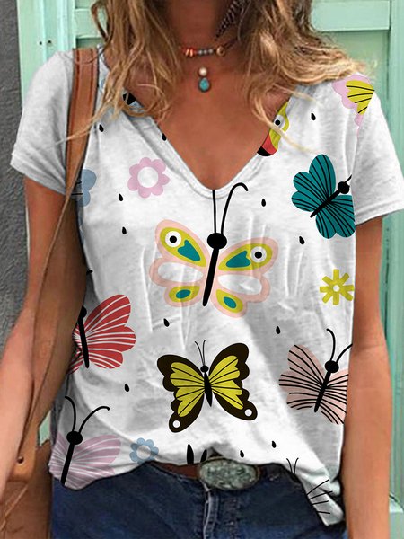 Butterfly Loosen V Neck Short Sleeve T-Shirt, White, T-Shirts