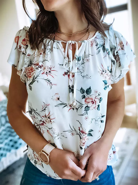 Floral Holiday Casual Frill Sleeve Short Sleeve V-neck Tops, White, T-Shirts
Floral Holiday Casual Frill Sleeve Short Sleeve V-neck Tops, White, T-Shirts