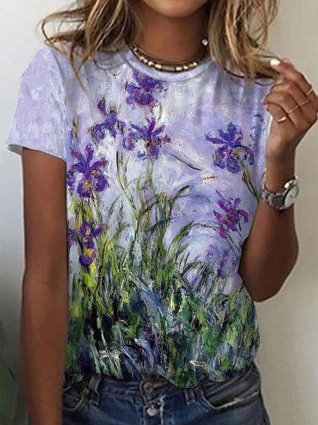 JFN Crew Neck Floral Casual T-Shirt/Tee, Purple, T-Shirts