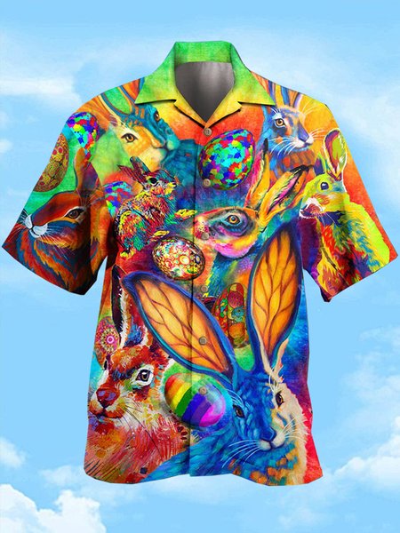 Mens Easter Print Casual Breathable Short Sleeve Shirt, As picture, Men's Floral shirt