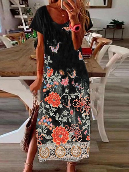 Tribal Crew Neck Regular Fit Short Sleeve Knit Dress, Black, Maxi Dresses