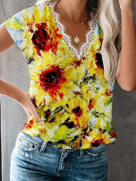 Famous painting series oil painting print lace stitching spring new popular women's casual top, Multicolor, T-Shirts
Famous painting series oil painting print lace stitching spring new popular women's casual top, Multicolor, T-Shirts