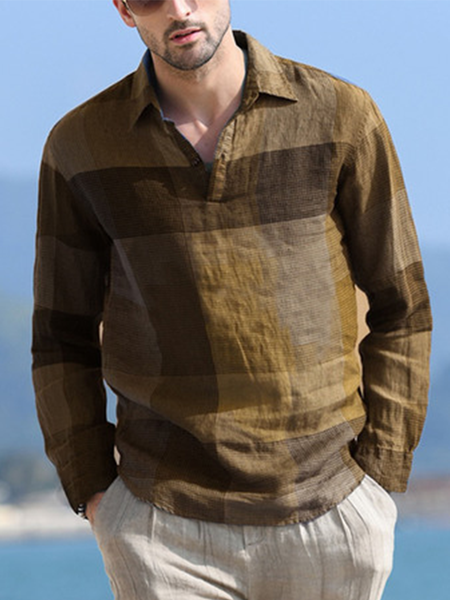 Cotton and Linen Style Lapel Check Casual Pullover Loose Linen Shirt, Brown, Men's Floral shirt