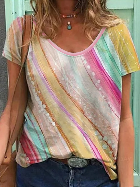 Trendy Casual Colorful Striped Print V-Neck Short Sleeve T-Shirt, Multicolor, T-Shirts
Trendy Casual Colorful Striped Print V-Neck Short Sleeve T-Shirt, Multicolor, T-Shirts