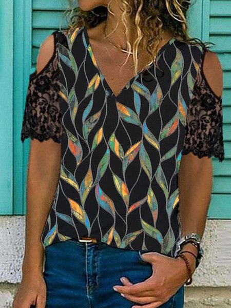 Romantic Floral Leaves Casual Loosen V Neck Lace Short Sleeve T-Shirt, Flower, T-Shirts