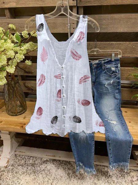 Buttoned Feather Sleeveless Plus Size Casual Woven Tank, White, Tank Top