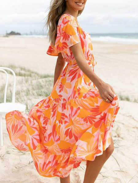 V Neck Floral Vacation Short Sleeve women Dress, Orange, Dresses