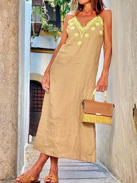 Spaghetti Loosen Casual Short Sleeve Women Dress, Khaki, Midi Dresses