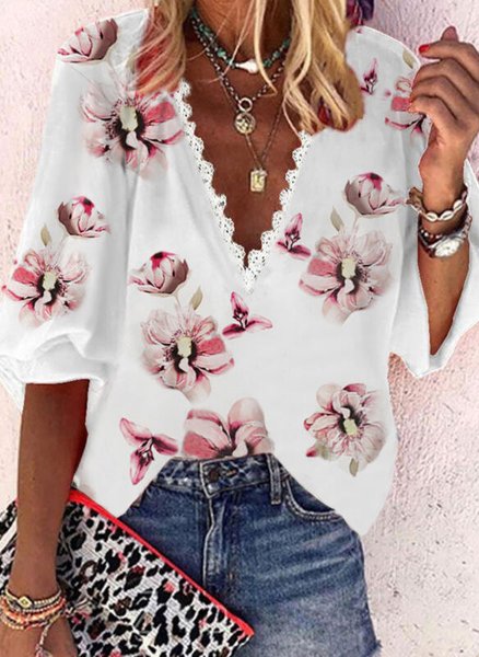 V Neck Loosen Floral Long Sleeve Tops, White, Blouses & Shirts