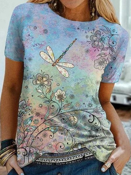 Ombre Floral Dragonfly Printed Casual Loosen Crew Neck Short Sleeve T-Shirt, Flower, T-Shirts