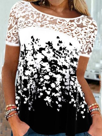 Floral Casual Crew Neck Short Sleeve Tops, White, Tees & T-shirts
