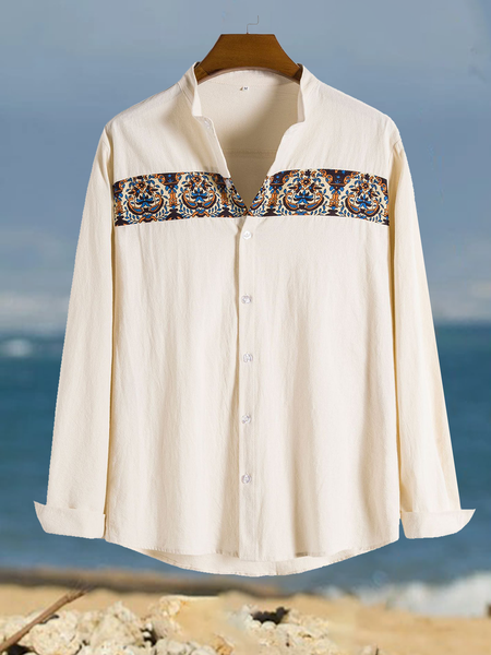 Cotton Linen Style Fashion Floral Striped Men's Long Sleeve Shirt, As picture, Long Sleeve Basic Shirts