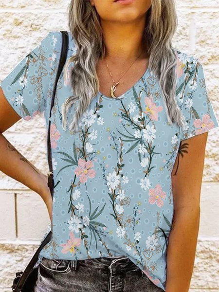 Floral Basics Cotton Blends Short Sleeve T-Shirt, Blue, T-Shirts