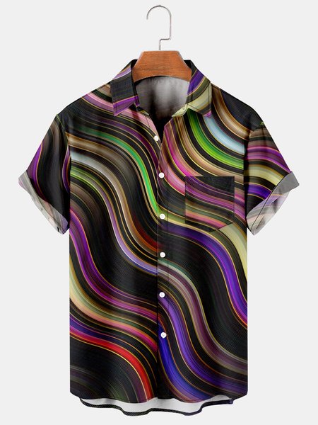 Mens 3D Wave Abstract Print Casual Breathable Chest Pocket Short Sleeve Hawaiian Shirts, Black, Men's Floral shirt