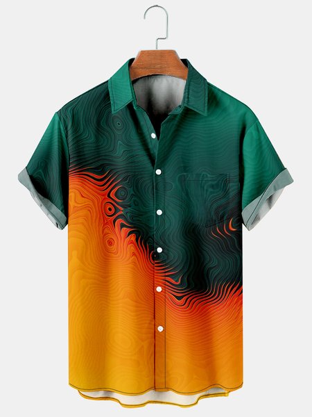 Mens Line Art Print Casual Breathable Short Sleeve Shirt, Green, Men's Floral shirt