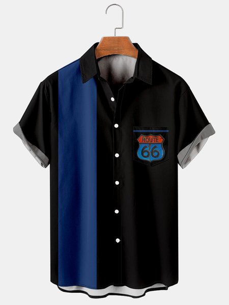 Mens Route 66 Print Casual Breathable Short Sleeve Shirt, Black, Men's Floral shirt