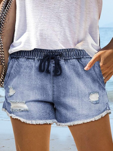 Plain Denim Shorts, Blue, Shorts