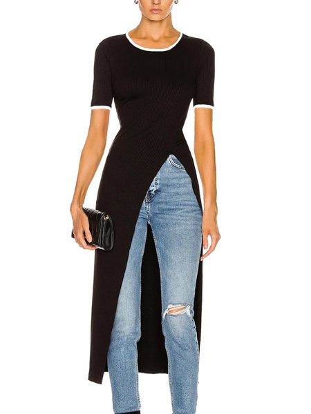 Simple Regular Fit Color Block Short Sleeve Top, Black, Tops