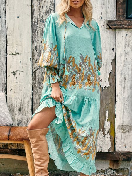 Floral Long Sleeve Woven Dress, Green, Dresses