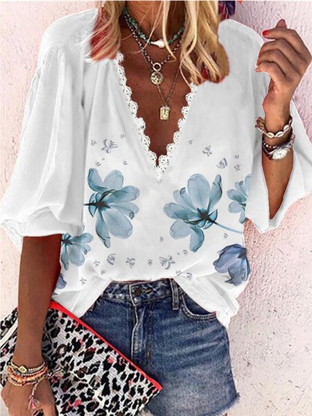 Loosen Casual V Neck Long Sleeve Tops, White, Tops