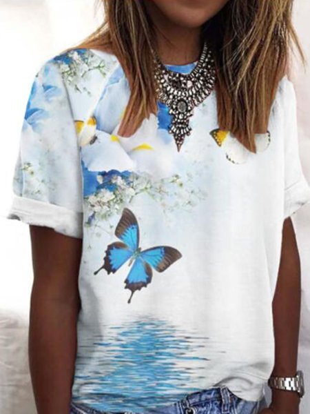 Butterfly Crew Neck Regular Fit Short Sleeve T-Shirt, White, T-Shirts