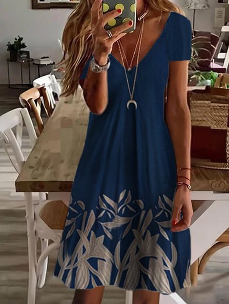 Leaves V Neck Casual Short Sleeve Knit Dress, Deep blue, Mini Dresses