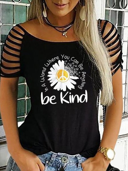 Floral Letter Printed Casual Loosen Scoop Neckline Hollow Out Short Sleeve T-Shirt, Black, T-Shirts