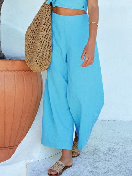 Blue Casual Loosen Solid High Waist Pants, Pants