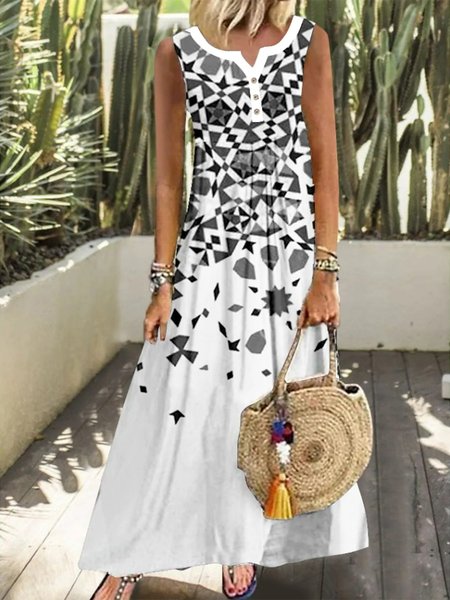 Casual Regular Fit V Neck Short Sleeve Women Dress, Black-white, Maxi Dresses