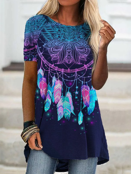 Vacation Regular Fit Tribal Round Neck Short Sleeve T-Shirt, Blue, T-Shirts