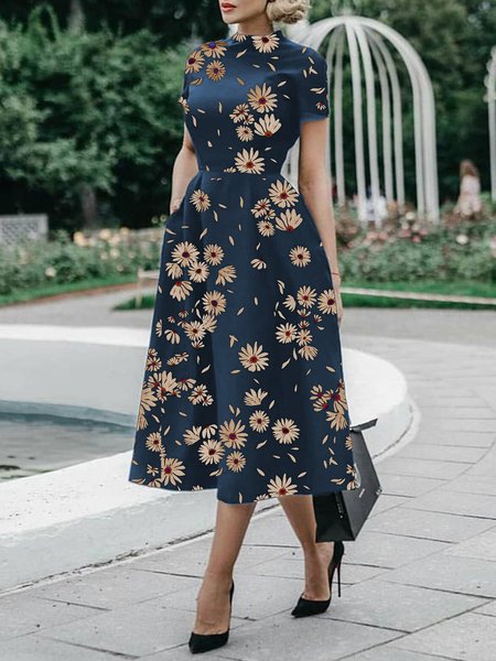 Floral Stand Collar Regular Fit Short Sleeve Knit Dress, Purplish blue, Midi Dresses