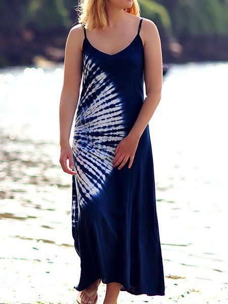 Vacation Cotton Blends Tie Dye Short Sleeve Woven Dress, Deep blue, Maxi Dresses