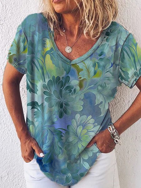 V Neck Loosen Casual Short Sleeve T-Shirt, Green, T-Shirts